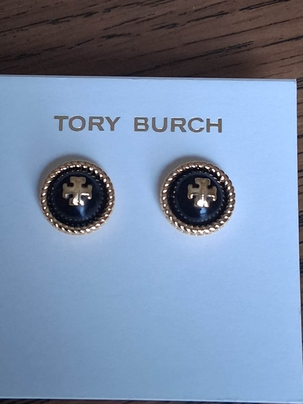 🌷Tory Burch Black and Gold Rope-Trim Logo Stud Earrings NWOT